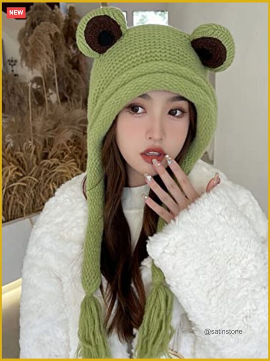 Wool Beanie Hat with Earflaps Cute Knitted Winter Skull Cap